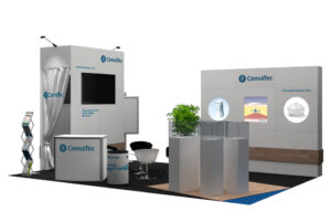 3D-visualisering af ConvaTec messestand med brandede elementer