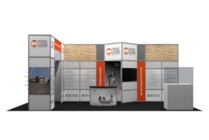 3D-visualisering af Metal Work Pneumatic messestand med brandgrafik