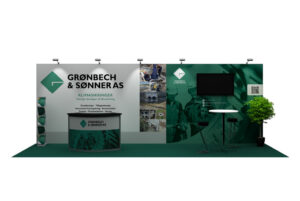 3D-visualisering af Grønbech & Sønner AS messestand med fuld branding