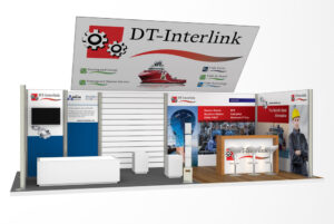 Render af DT-Interlink udstillingsstand med grafik, bardisk og overhead banner