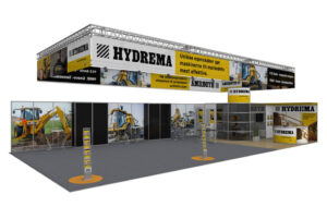 Professionelt standdesign for Hydrema – udstillingsstand med overhead banner