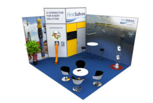 3D-visualisering af First Subsea messestand med offshore grafik og præsentationsområde